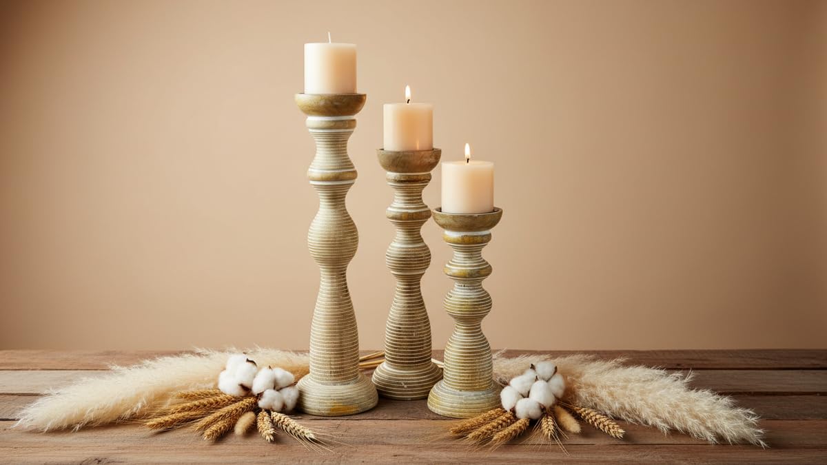 White Washed Hand Carved Wooden Pillar Candle Holders - Set of 3 | Chennai Decorative Style | Crafted from Mango Wood | Rustic Table Centerpiece Decor | Sized 18", 15" and 12"