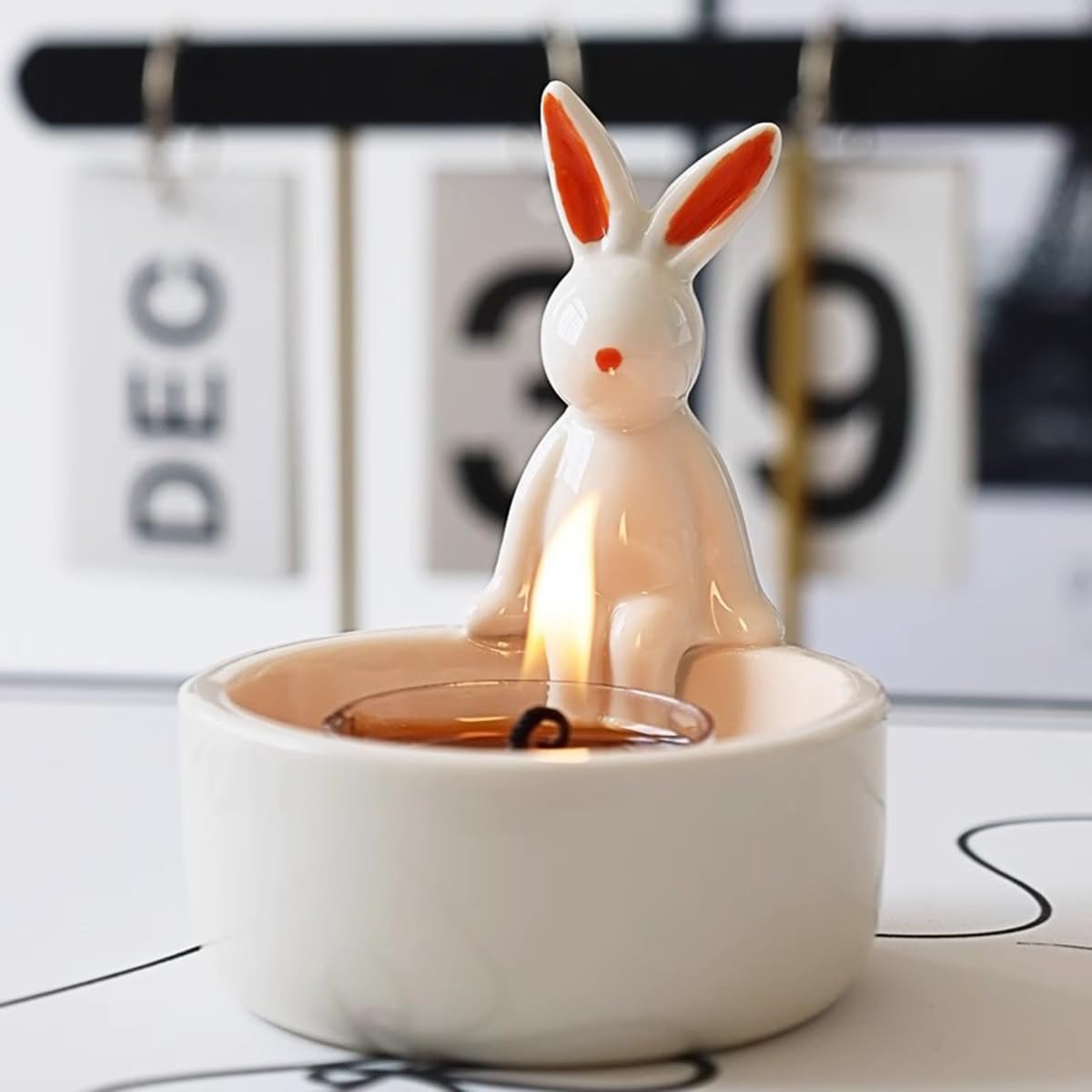 WARMCITY Handmade Animal Candle Holder, Lovely Kitten Canlestick Holder, Cartoon Figures Warming Its Paws Cute Light Holder for Candle Lovers- Candle NOT Included (Rabbit Red)