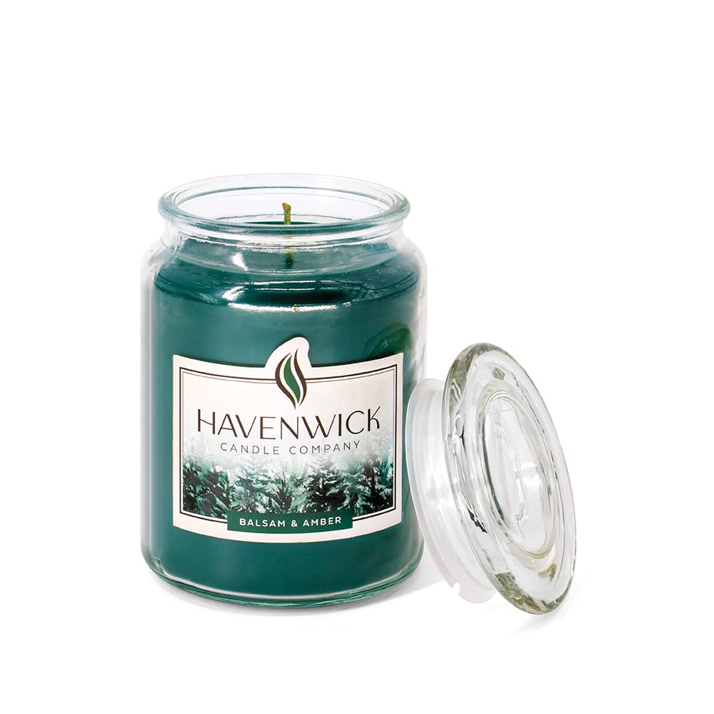 Havenwick Balsam & Amber Soy Blend 22-oz Large Jar Candle, Long Lasting 110-130 Hour Burn Time with Single Cotton Wick, Perfect Holiday Pine Scented Candles for New Home Gift & Christmas Gift