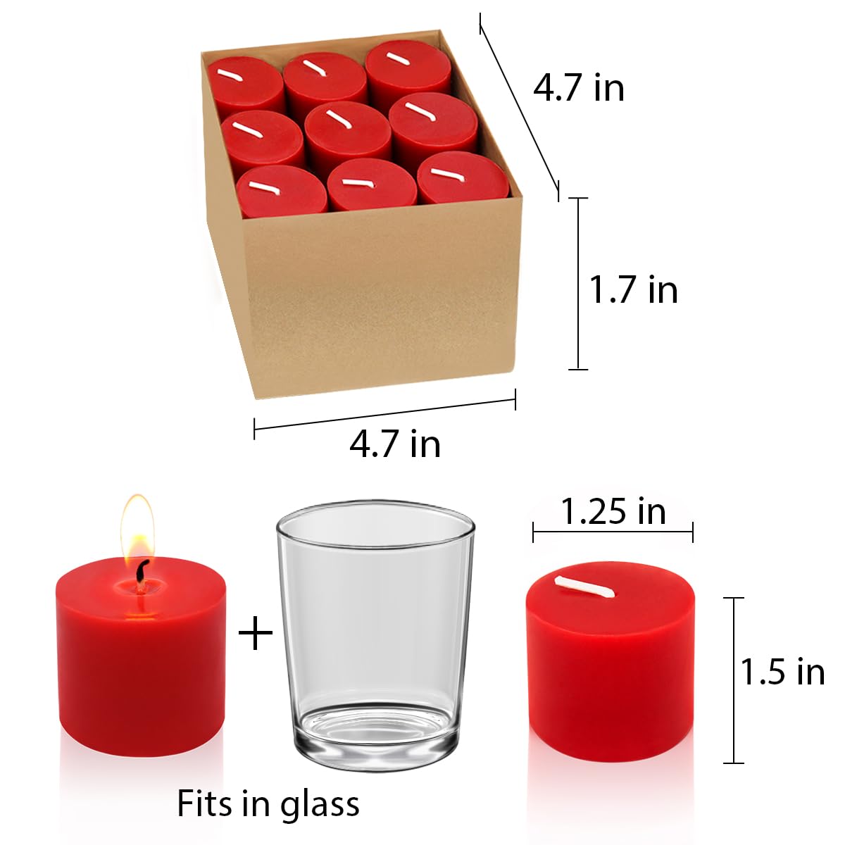 9 Packs Red Votive Candles, Small Unscented 1.5 Inch Diameter Wax Candles for Christmas Valentine's Day Wedding, Party, Table, Holiday & Home Decoration - 8 Hours Burn Time (1.5" W x 1.25" H)
