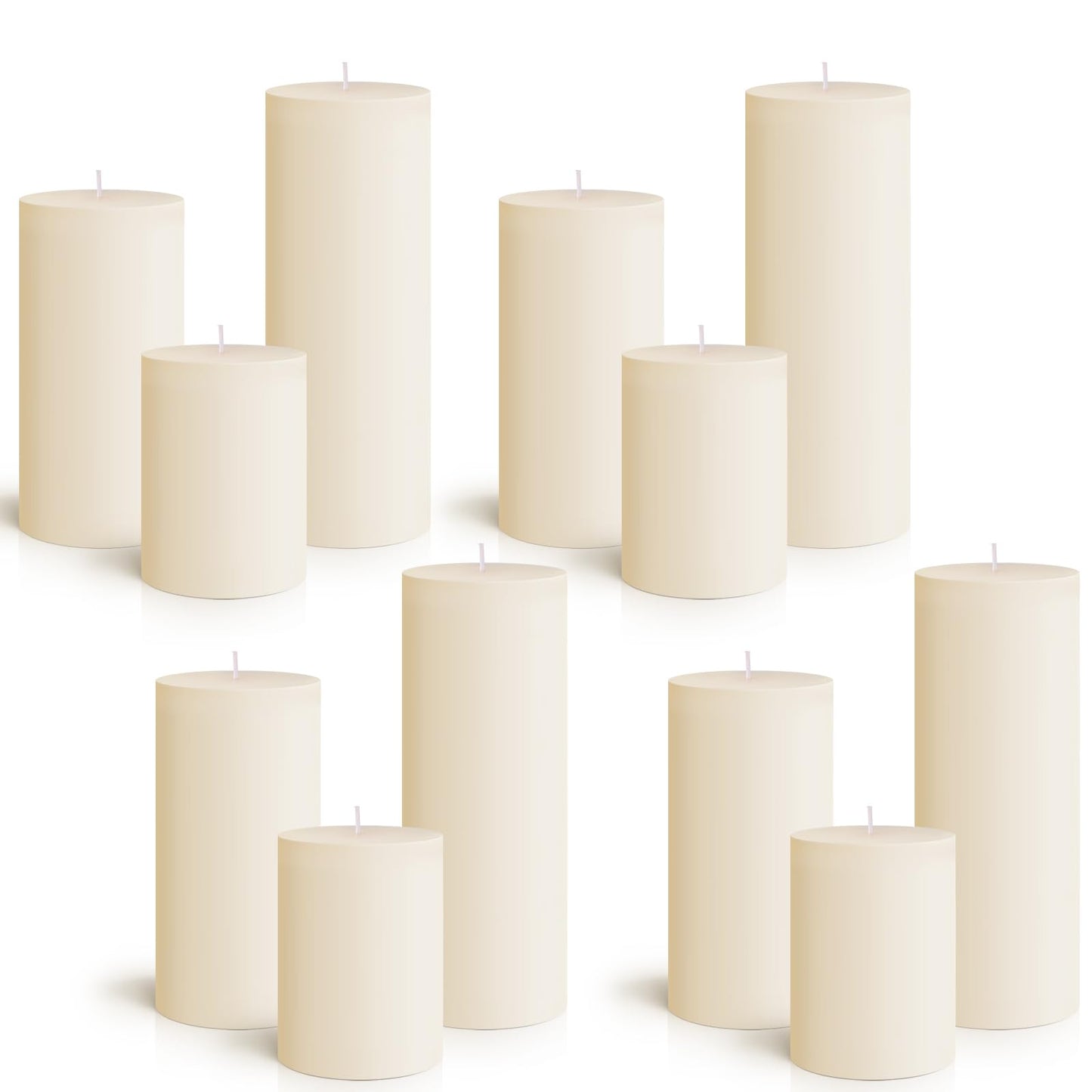Sumind Set of 12 Pillar Candles Bulk 3"x 4", 6", 8" Dripless Unscented Poured Candles Long Clean Burning Tapers for Wedding Rustic Party Spa Bath Home Decor Relaxation All Occasions(Ivory)