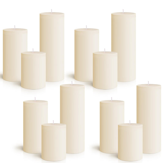 Sumind Set of 12 Pillar Candles Bulk 3"x 4", 6", 8" Dripless Unscented Poured Candles Long Clean Burning Tapers for Wedding Rustic Party Spa Bath Home Decor Relaxation All Occasions(Ivory)
