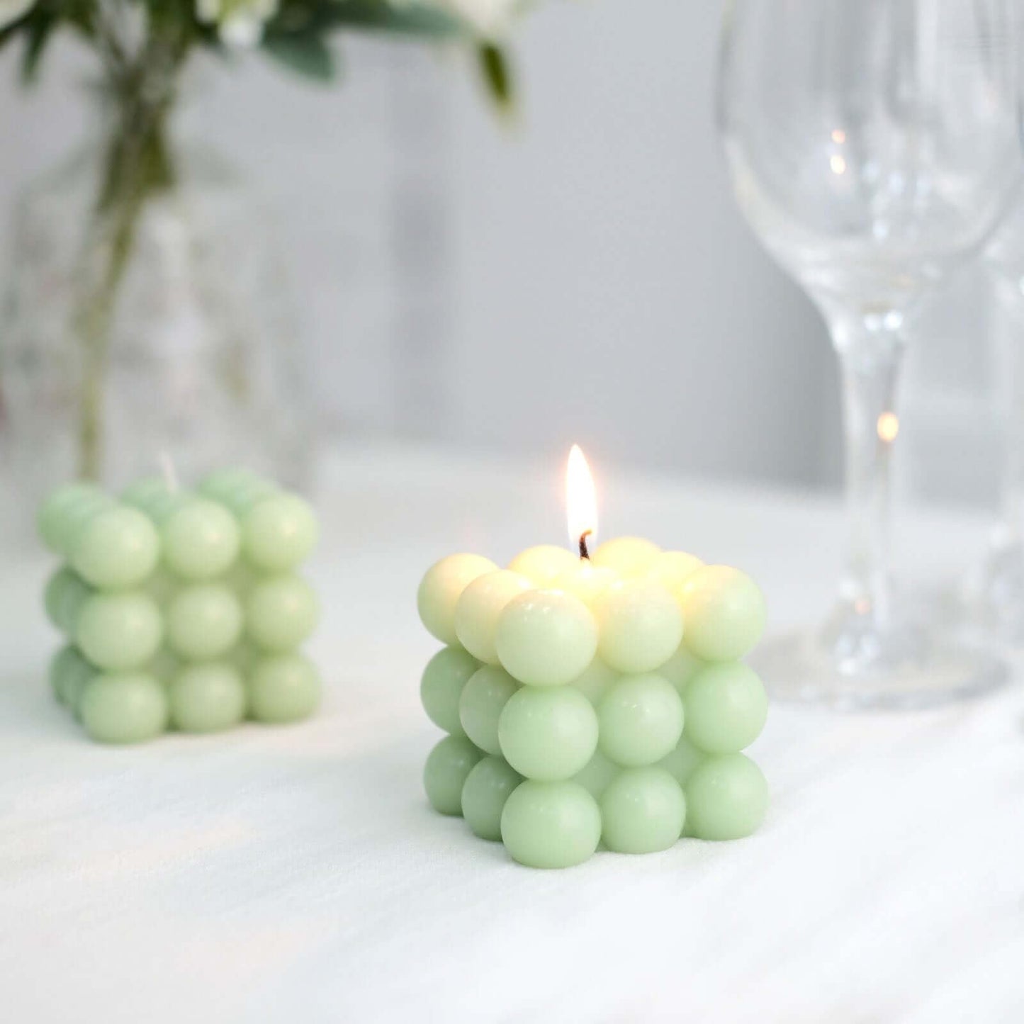 Efavormart 2 Pack Sage Green 2" Bubble Cube Paraffin Wax Candles, Unscented Rubik's Cube Aesthetic Decorative Pillar Candles