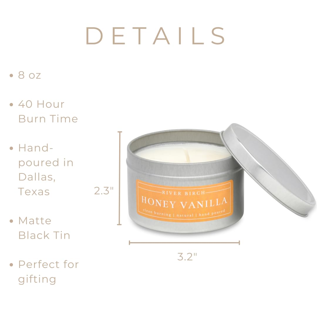 River Birch Candles Honey Vanilla Scented Candle | Premium, All-Natural, Non-Toxic, Soy Wax | 8 oz. Silver Travel Tin | Cozy Relaxing Gifts for Home