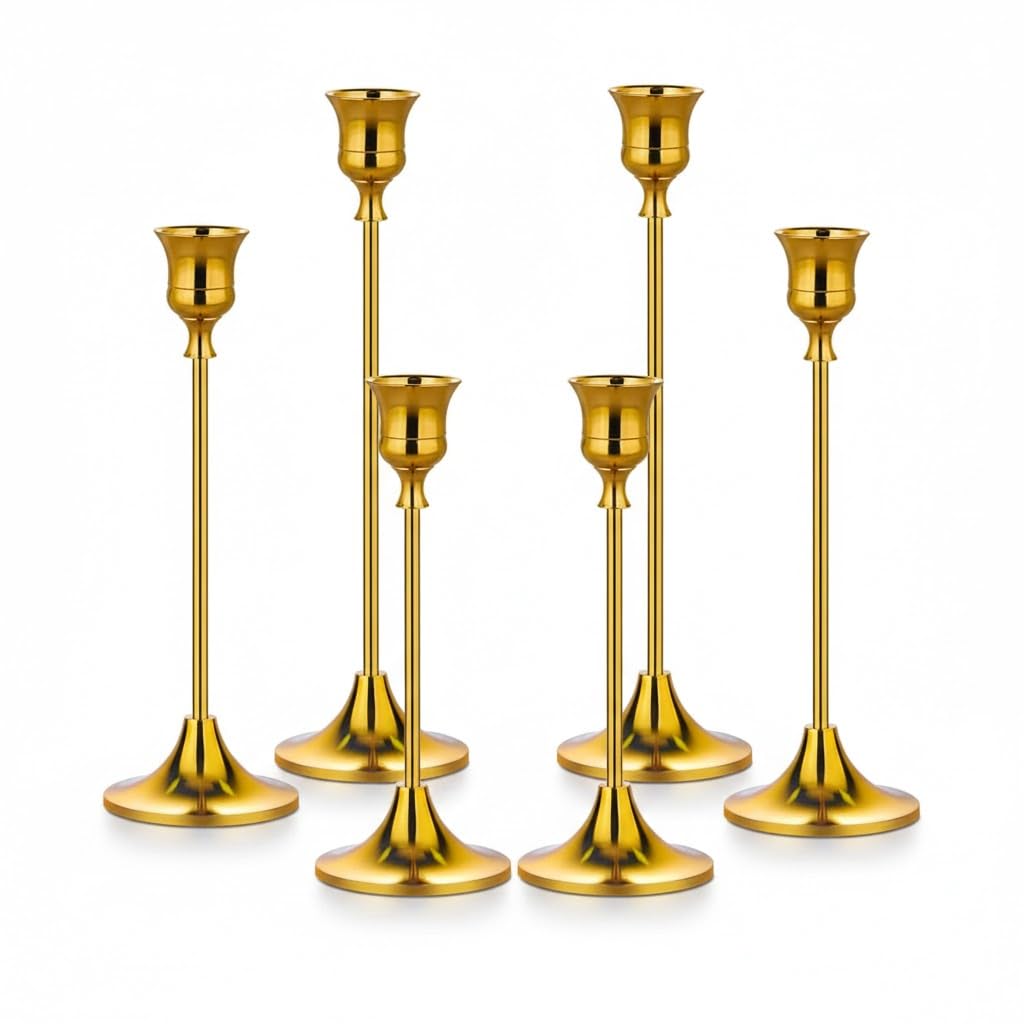 Gold Candlestick Holders Set of 6 – Decorative Taper Candle Holders for Home Decor, Weddings, Parties – Metal Candle Stands Brushed Finish – Easy Assembly – Fits Standard & LED Candles - Christmas