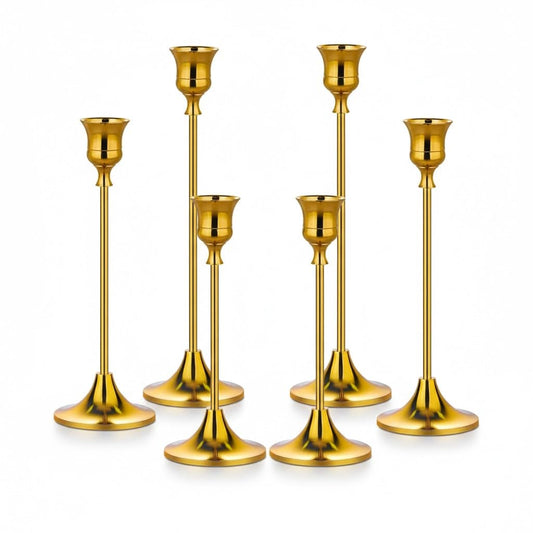 Gold Candlestick Holders Set of 6 – Decorative Taper Candle Holders for Home Decor, Weddings, Parties – Metal Candle Stands Brushed Finish – Easy Assembly – Fits Standard & LED Candles - Christmas