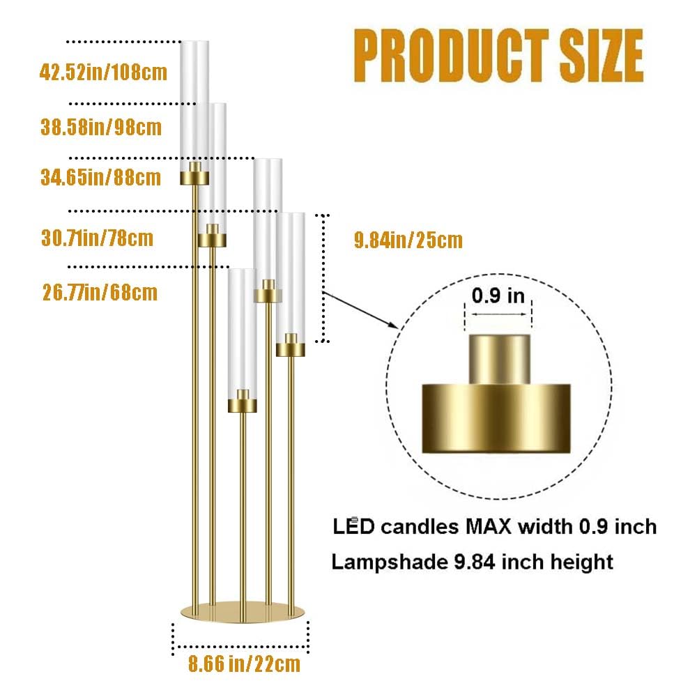 42.5in Gold Candle Holders for Table Centerpiece Candelabra Candlestick Holders Decor Wedding Centerpiece Table Decorations 5 arm Candle Holder Set of 10 Acrylic lampshade Fit 0.9" LED Candle