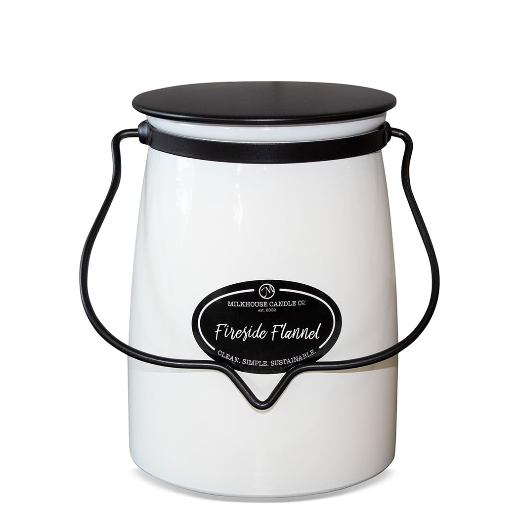 Milkhouse Candle Company Fireside Flannel Soy Candle - Amber & Tobacco | Fir & Balsam | Bergamot & Mountain Air - 22 oz Butter Jar with Lid, 120+ Hour Burn Time, Made in the USA