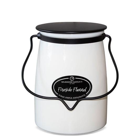 Milkhouse Candle Company Fireside Flannel Soy Candle - Amber & Tobacco | Fir & Balsam | Bergamot & Mountain Air - 22 oz Butter Jar with Lid, 120+ Hour Burn Time, Made in the USA
