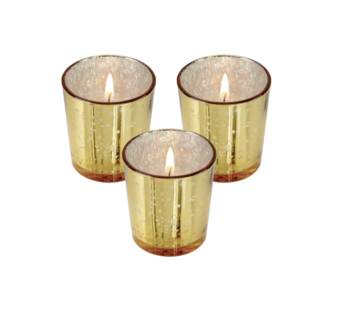 Mister Candle Unscented Gold Mercury Glass Votive Candles, 2" Filled Candle Jars for Centerpieces, Wedding Décor, Events, Home & Party Ambiance, Set of 12 Hand Made in USA