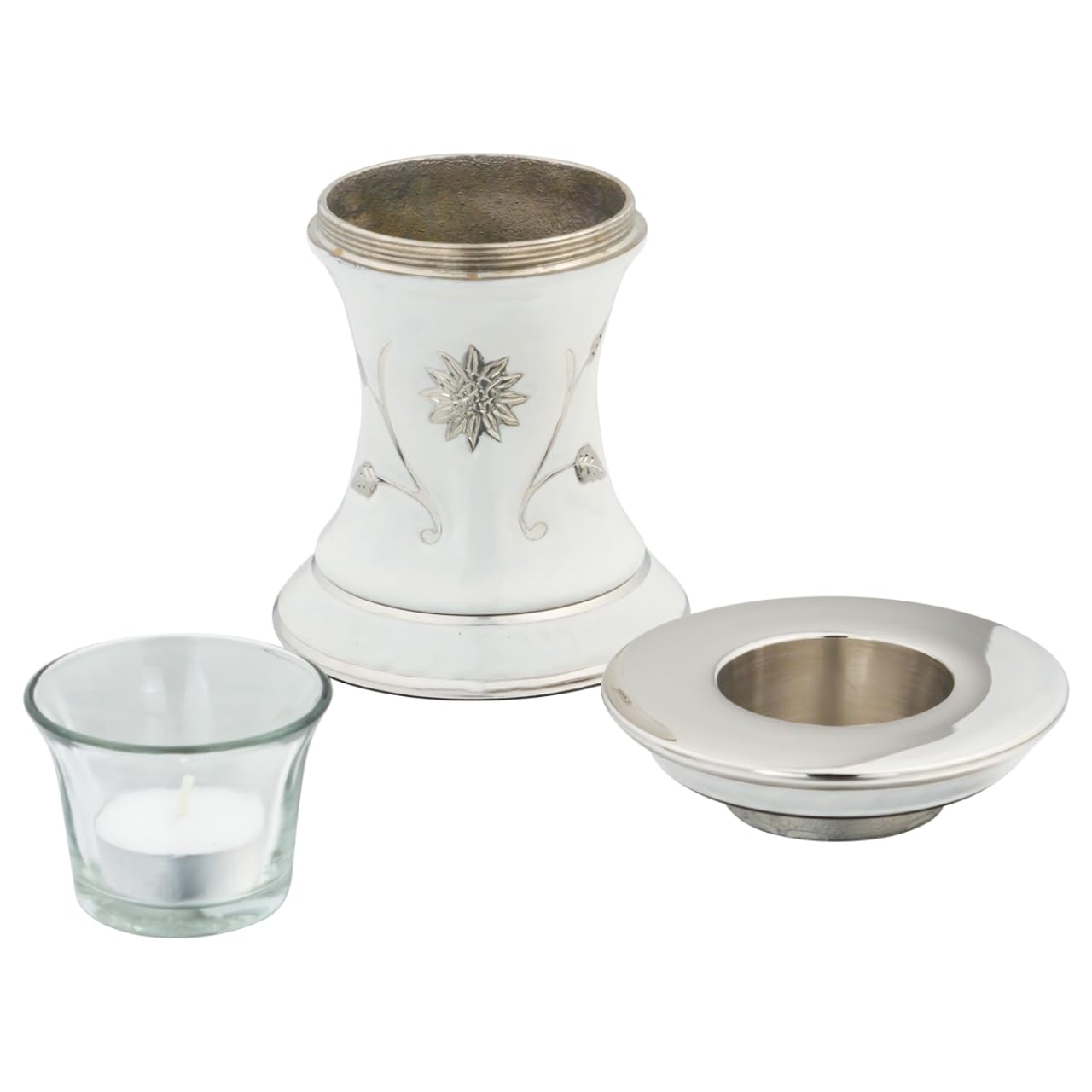 Grace White Tealight Cremation Urn for Ashes, Brass Memorial Candle, White and Silver, Extra Small Sized Cremation Urn, 5.5 Inches High