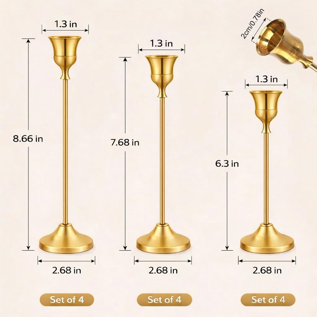 Gold Candle Holders for Taper Candles, 12 Pcs Metal Candlestick Holders, Heavy Base Rustproof Candelabra for Wedding Centerpieces Dining Table Fireplace Christmas Home Decor (Gold)
