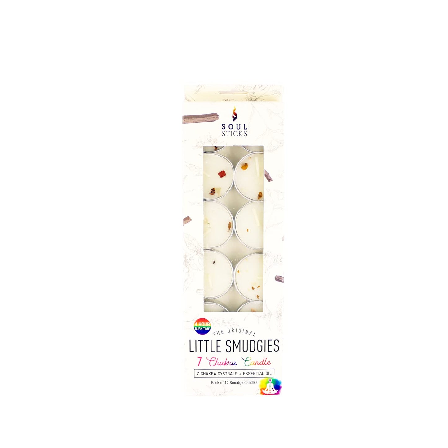SOUL STICKS 12 Pack Little Smudgies Tealight Candles Smudge Candle for Cleansing House, Meditation, Chakra Healing | Made with Crystals and Herbs (7 Chakra)