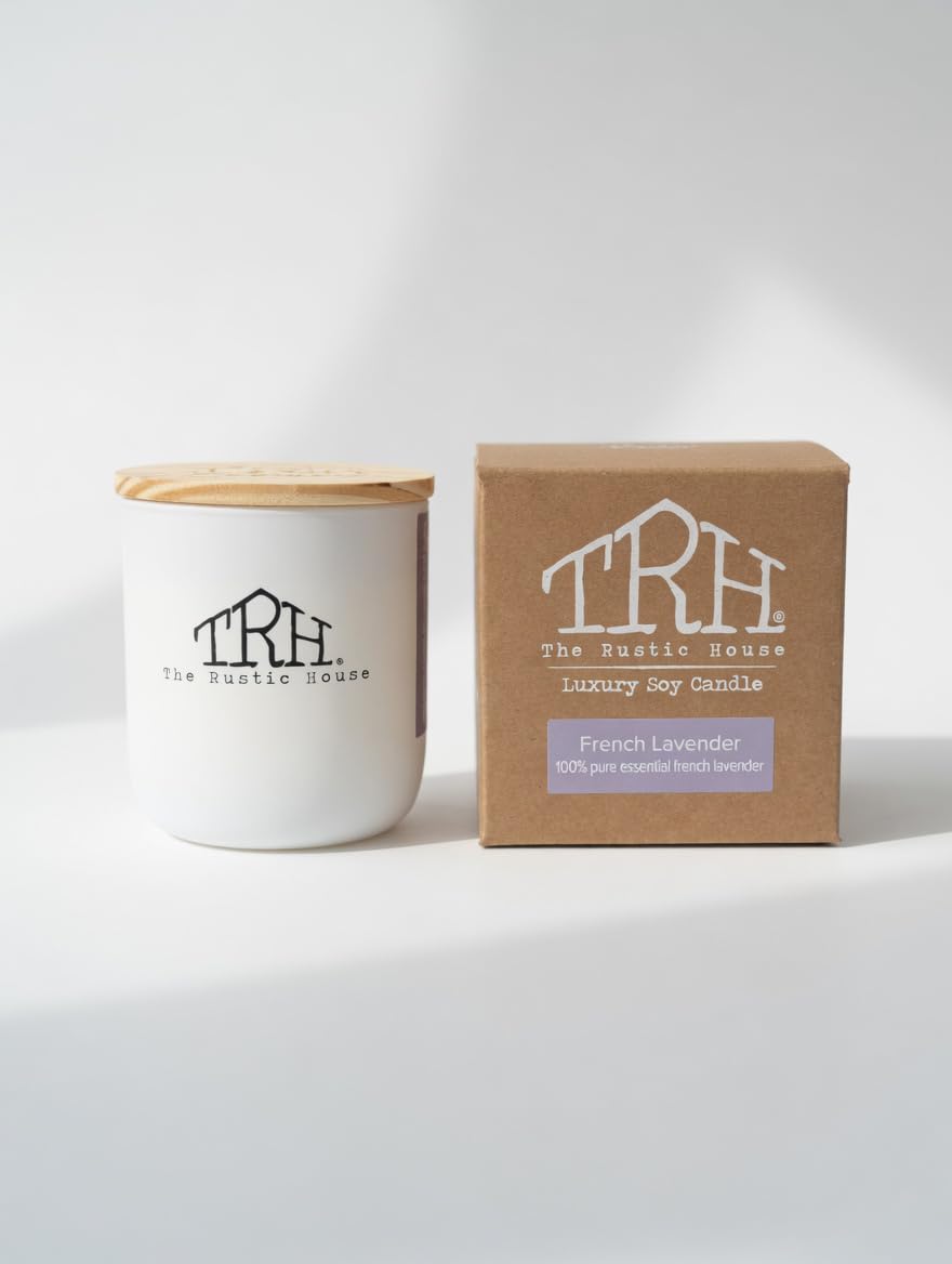 The Rustic House 8oz Soy Wax Candle | Long Burning | Aesthetic Glass Jar | Wood Lid | Hand Poured | French Lavender