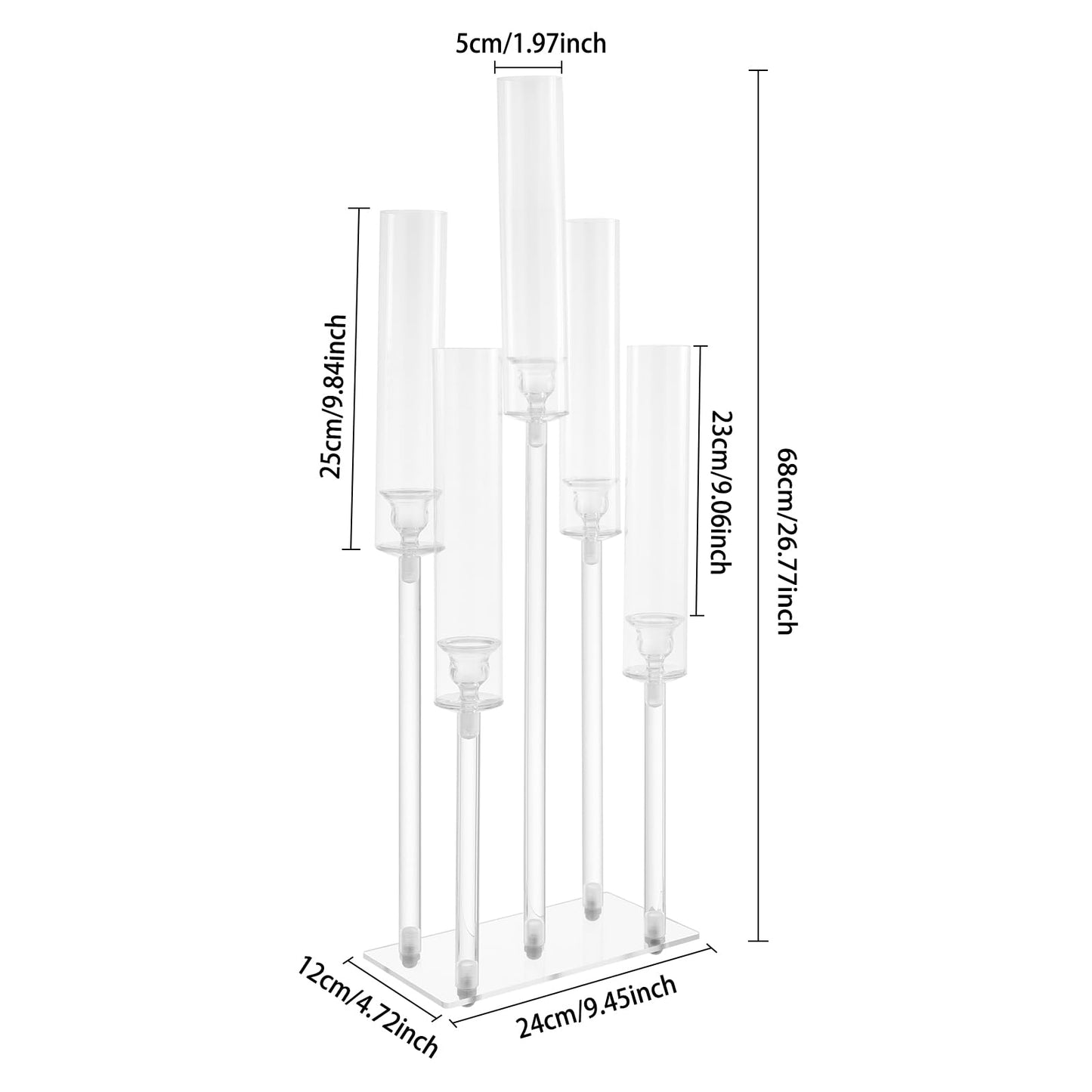 4Pcs 9 Arms Acrylic Candle Holder, Clear Candlestick Holder w/Acrylic Shade, 42.5In Tall Crystal Tapered Candle Holders Centerpieces w/Rectangular Base for Home Wedding Party (6Pcs 5Arms)