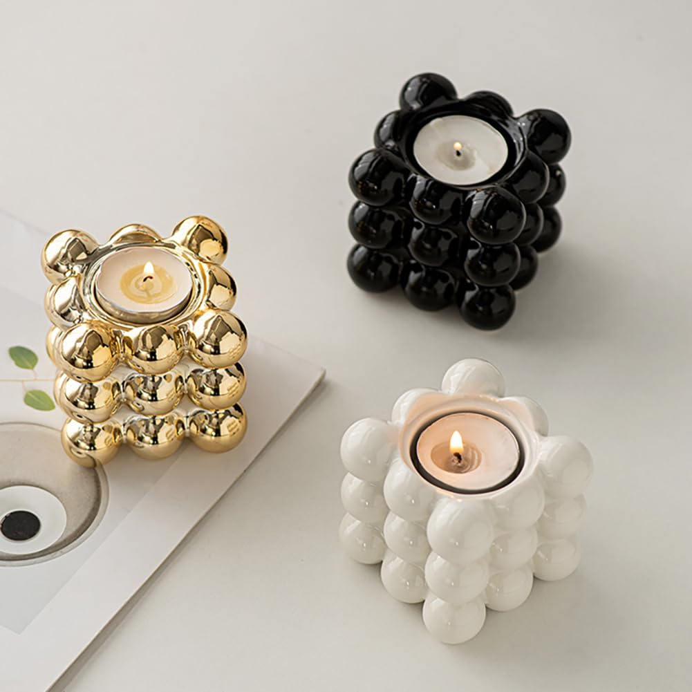 Ceramic Cube Golden Candle Holder Handheld Candlestick Holders Decorative Candle Stand Middle East Arabian Festival Candlestick Dining Table Party Home Decoration Ornament (White)