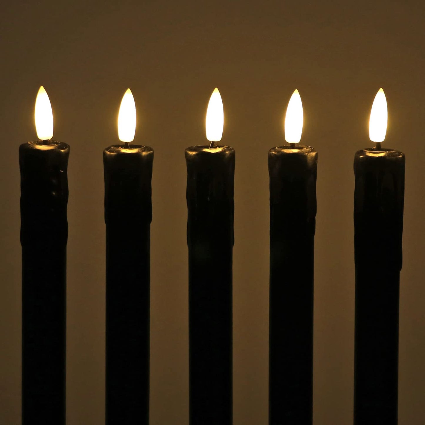 Fanna Black Flameless Taper Candles for Halloween with 2 Remotes, Real Wax Battery Operated Candles with Timer, Warm White Light, 10" Set of 6