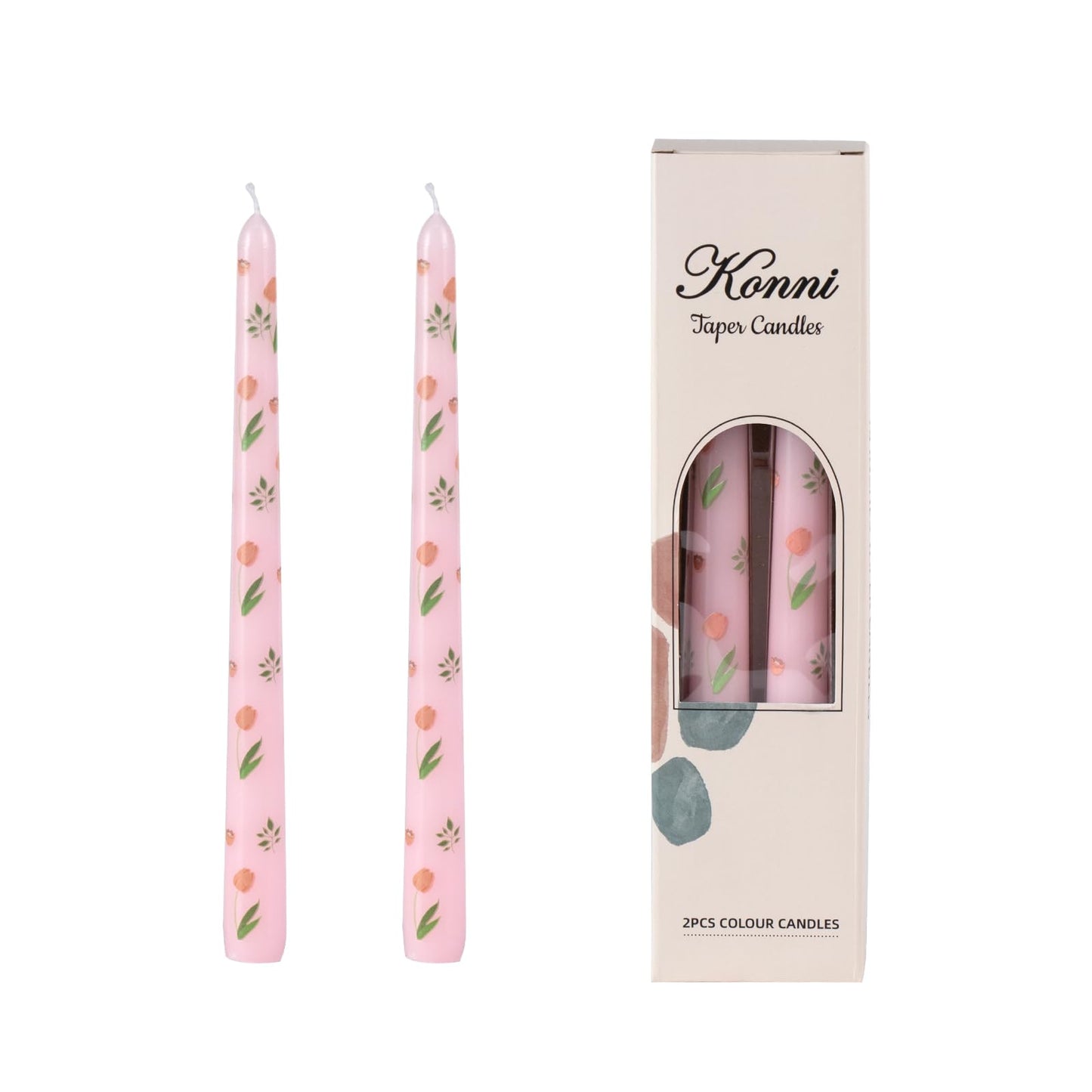 Taper Candles,10 inch 2pc Pink Tapered Candles with Tulip Printed, Unscented and Smokeless Long Burning Candles,Tall Candlesticks with Cotton Wicks,Ideal for Weddings, Home Décor
