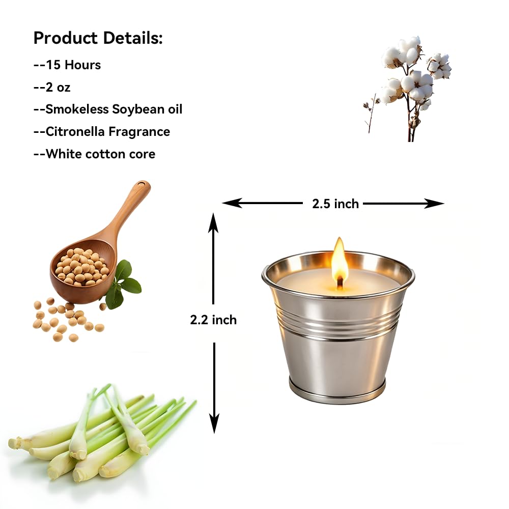 Citronella Candles Outdoor,Novel Steel Design 12-Pack,Use Natural Soy Wax & Citronella,15-Hour 2 oz Bucket Candles for Garden Camping Patio Backyard Balcony Family Party