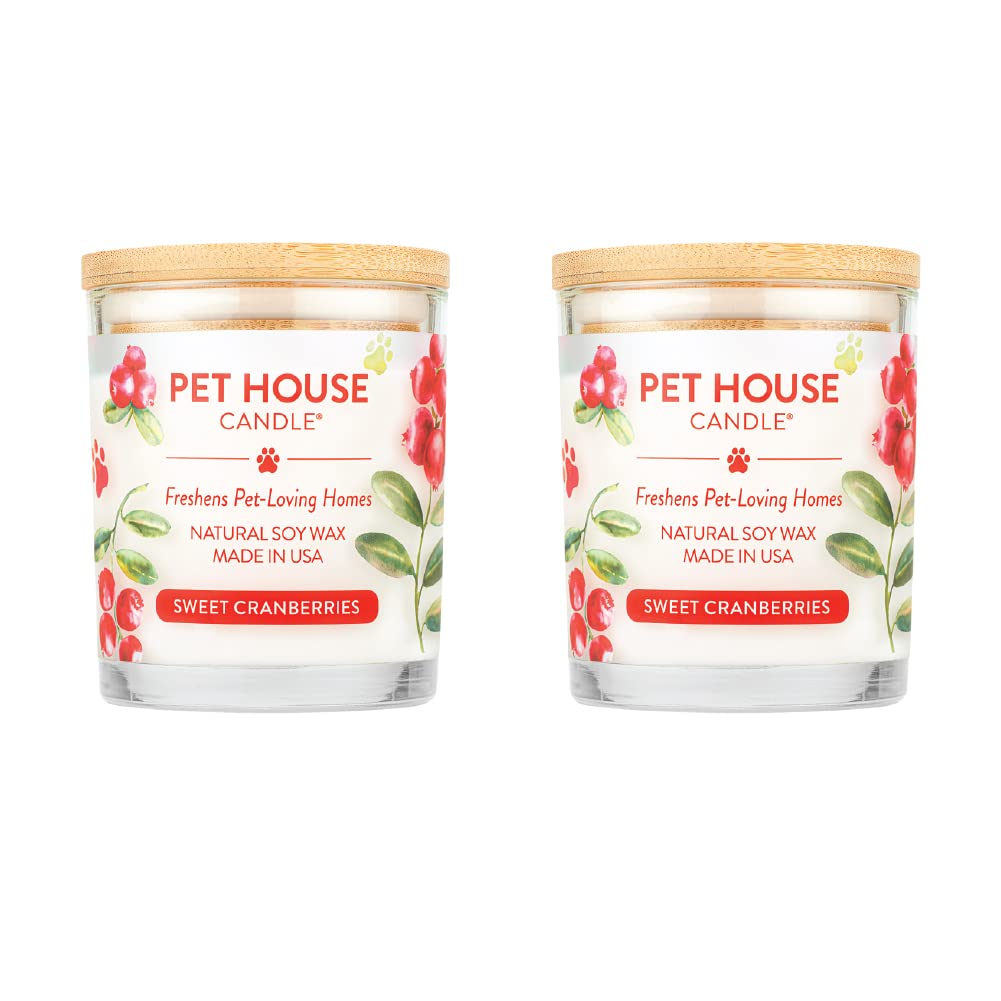One Fur All Pet House Candle 2 Pack - Plant-Based/Soy - Clean Burning Scented, Long Lasting Pet Odor Candle for Home -Sweet Cranberries