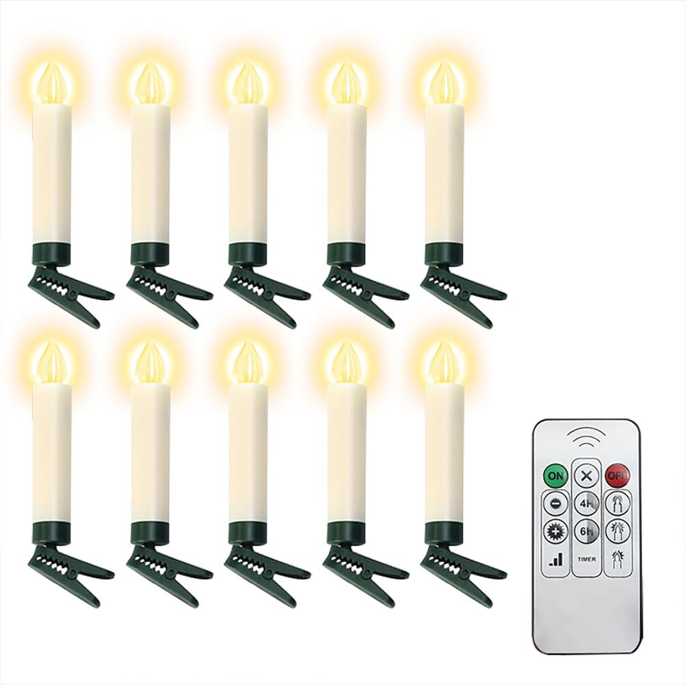 LUREASY 10 PCS Flameless LED Taper Candles Battery Operated clip on candles for Christmas Tree Candle Lights Electric Fake Candles with Remote Timer Perfect for Holiday Home Garden Wedding Parties Dec