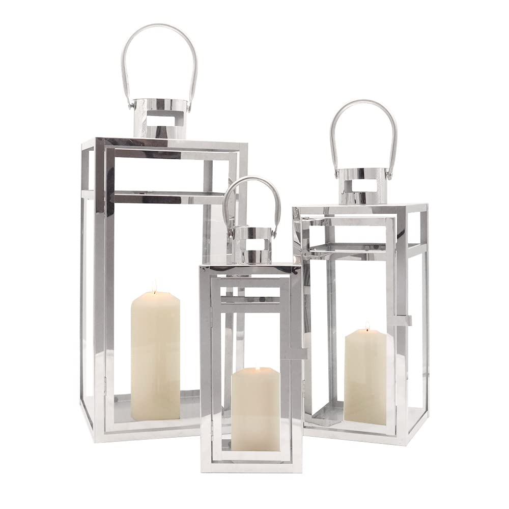 TRIROCKS Stainless Steel Lantern Set of 3, 19" Tall Metal Hanging Lanterns with Clear Glass Panels, Indoor & Outdoor Home Decor for Living Room, Tabletop, Parties & Events - Silver Finish
