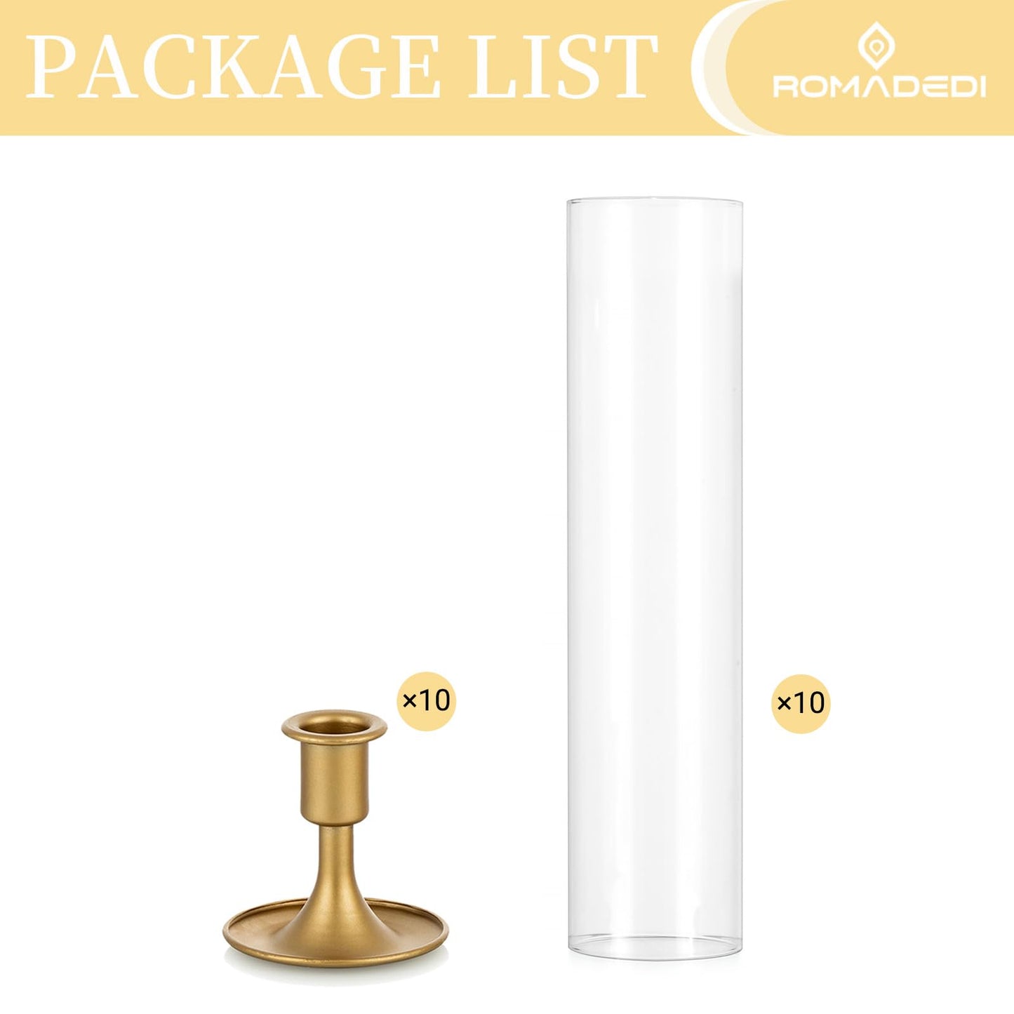 Romadedi Hurricane Candlestick Holders Gold - 10 Pcs Taper Candle Holders Bulk Tall Clear Glass Cylinder for Wedding Table Centerpieces Party Decor Birthday Christmas Home Decorations