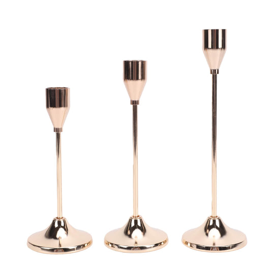 POCREATION Vintage Metal Candle Holders 3 Set Taper Candlestick Stands for Wedding Home Decor with Different Heights Rust Iron (Gold)