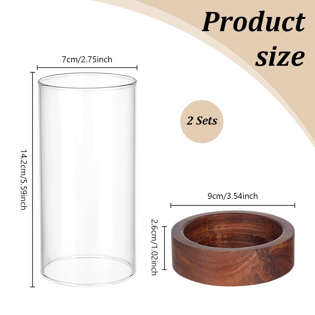 WEBEEDY 2 Sets Hurricane Glass Candle Holders Pillar Candle Holder with Wood Plate Base, Table Decorative, Holder Table Centerpieces for Wedding, Birthday Party, Christmas, Kitchen