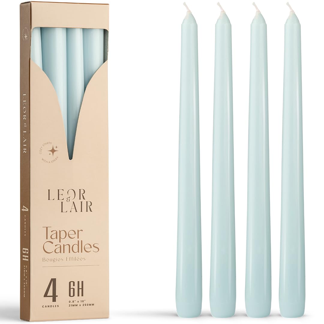 Leor & Lair Light Blue Taper Candles - 4 Pack 10" Light Blue Candlesticks - Unscented Candle Sticks for Winter Home Decor, Easter Dinner, Weddings, Restaurants & Events