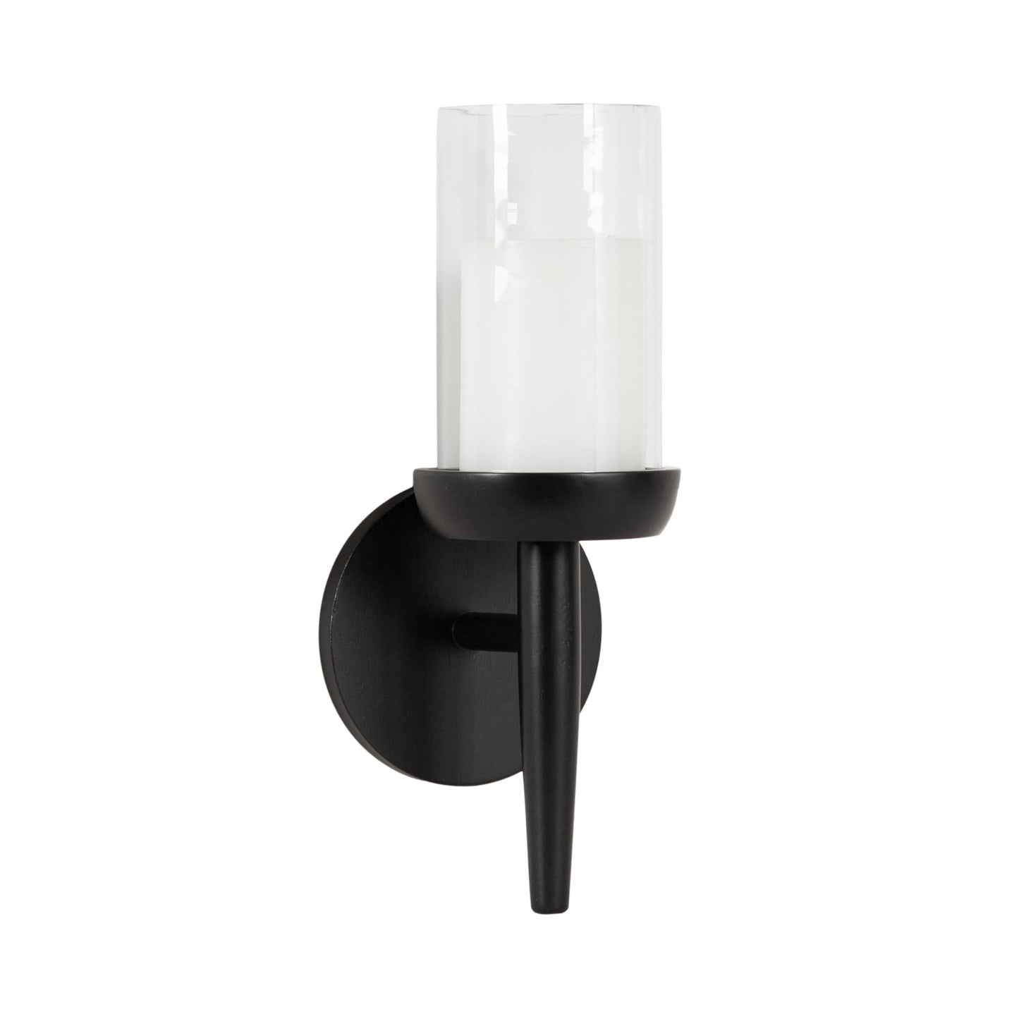Kate and Laurel Shae Transitional Wooden Wall Sconce; 5 x 5 x 13; Black; Modern Candle Holder with Removable Glass Cylinder for Flameless Pillar Candles in Bedroom or Entryway