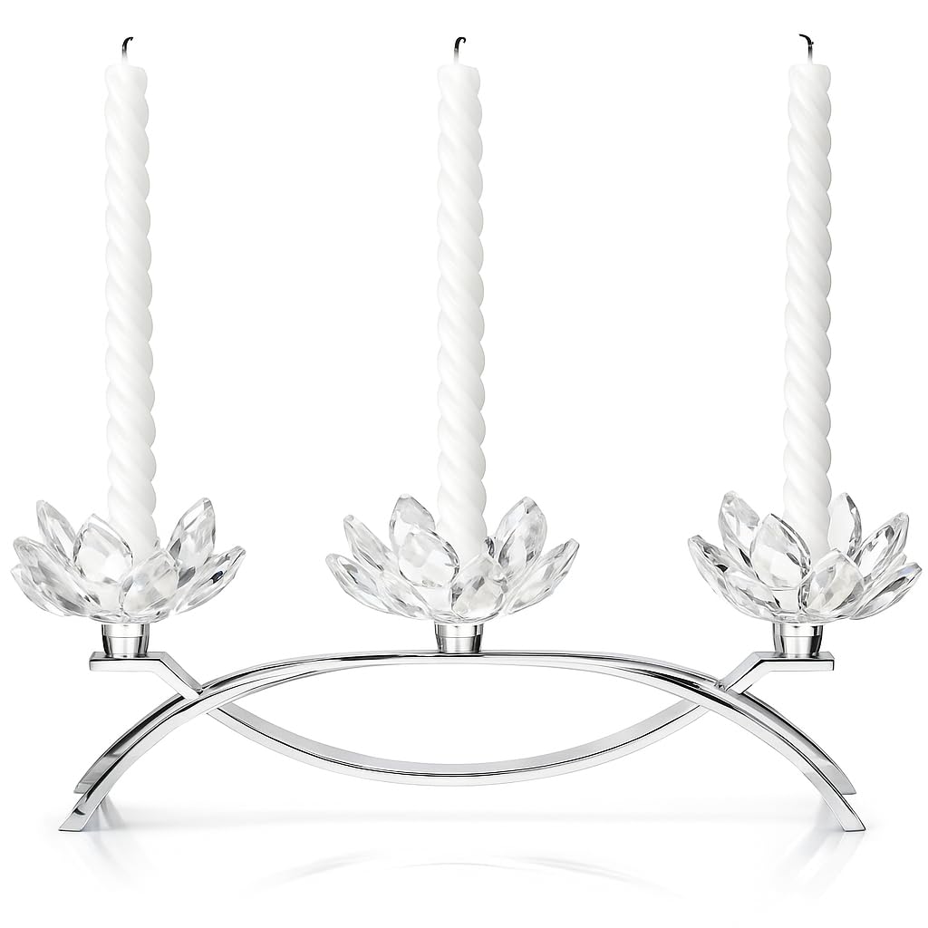 Crystal Lotus Candle Holders, Silver Table Centerpiece 11.4 in, 3-Head Lotus Candlestick with Glass Petals, Elegant Nickel-Plated Metal for Home Decor, Wedding, Dining