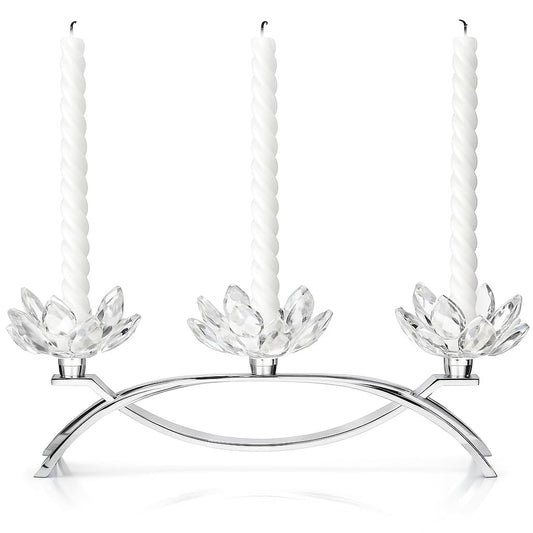 Crystal Lotus Candle Holders, Silver Table Centerpiece 11.4 in, 3-Head Lotus Candlestick with Glass Petals, Elegant Nickel-Plated Metal for Home Decor, Wedding, Dining