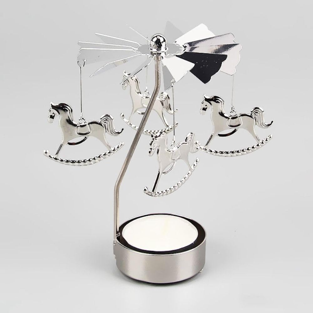 Rotating Candle Holder, Romantic Metal Tealight Candlestick Spinner Carousel Candle Tea Light Holder for Christmas Home Decor(Carousel,Silver)