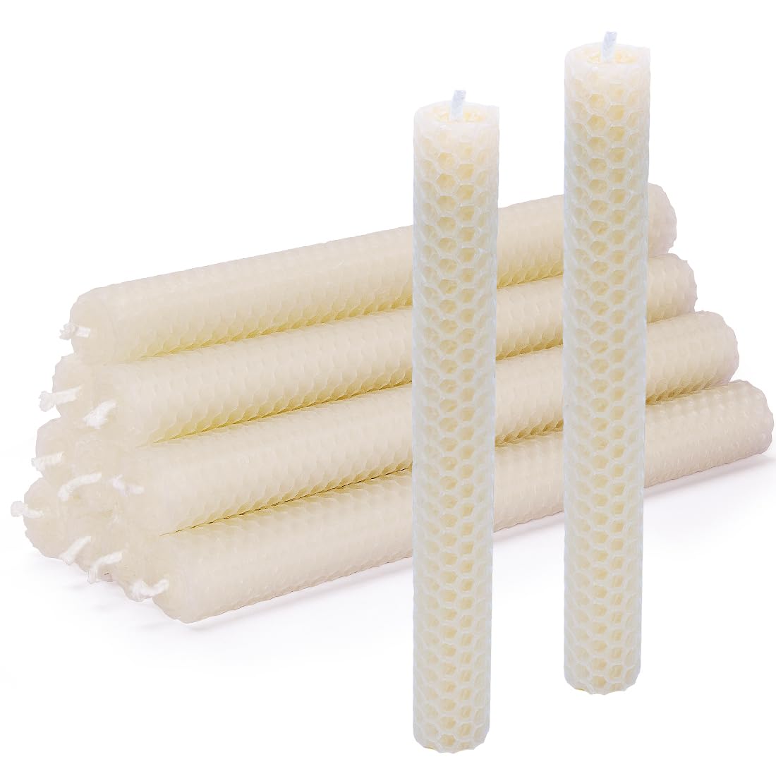 DEYBBY Handmade Beeswax Taper Candles, Dripless Wax Candles, Hand-Rolled Honeycomb Candles for Dinner Party, Set of 12 Flat Top（Cream White）