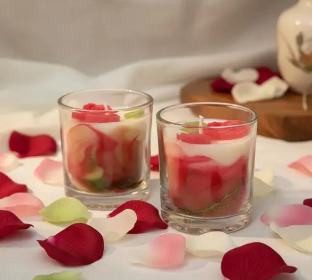 Rose Petal Glass Candle, Set of 2, Decorative Floral Design, Red and White, Romantic Home Decor