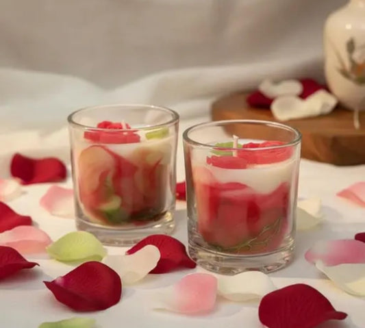 Rose Petal Glass Candle, Set of 2, Decorative Floral Design, Red and White, Romantic Home Decor