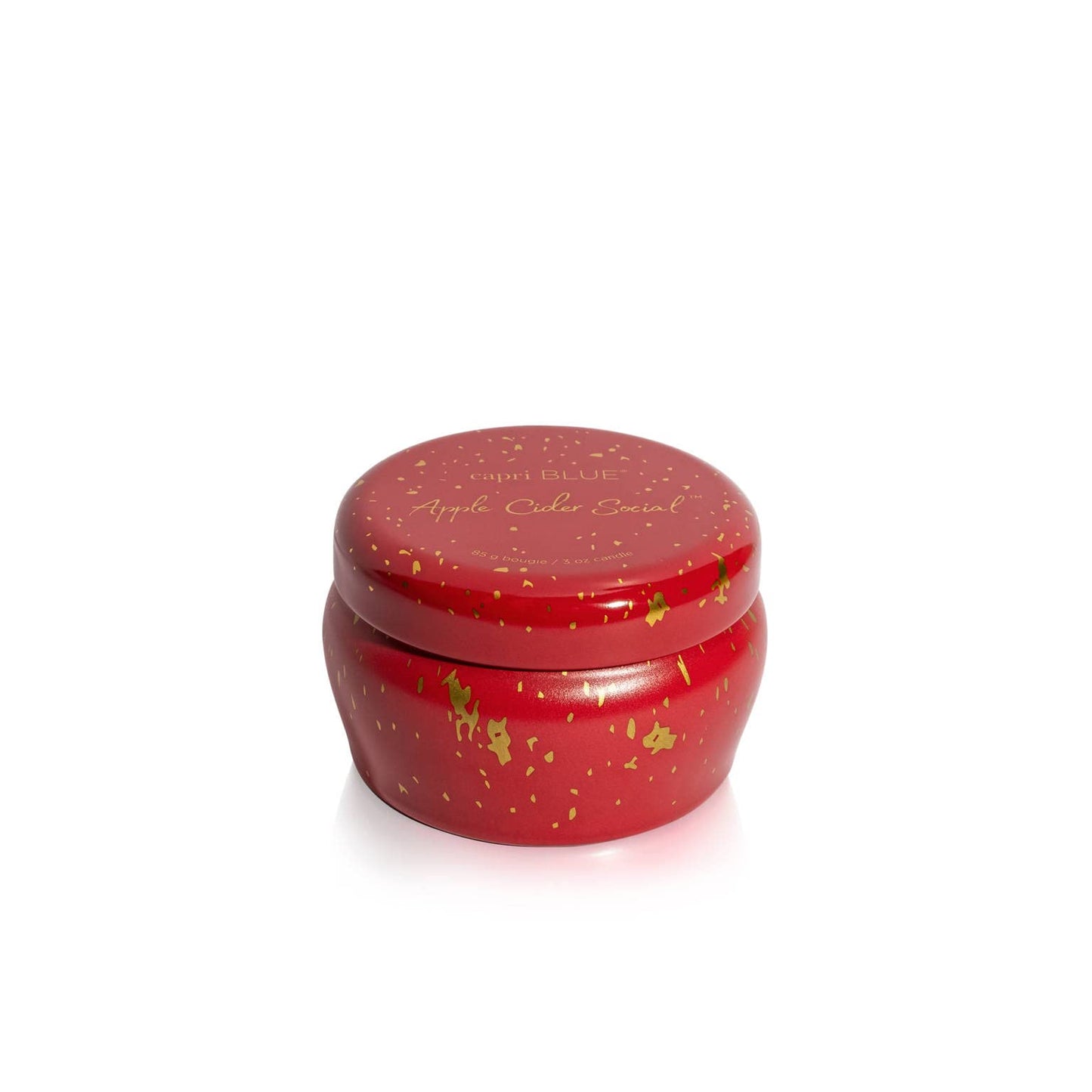 Capri Blue Glimmer Mini Tin - Apple Scented Candle with Mini Candle Holder - Soy Wax Blend - Capri Blue Apple Cider Social Red and Gold (3 oz)