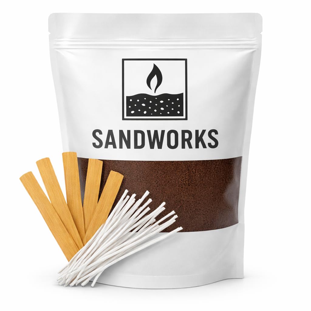 SANDWORKS Sand Wax Candle Making Kit – 5 Wooden Wicks & 15 Cotton Wicks, 500 g Premium Fragrance-Free Sand Wax (Ironstone Brown)