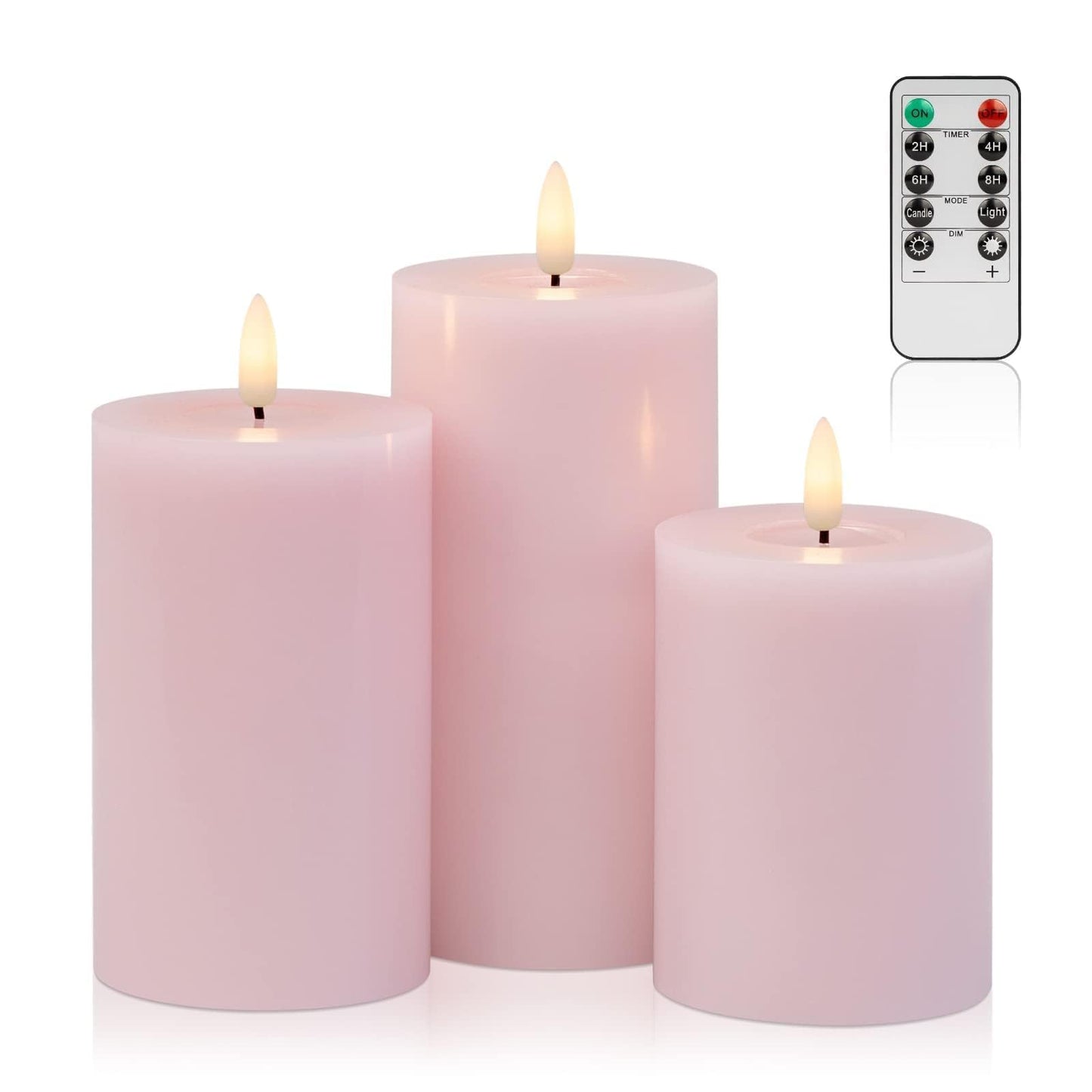 ANGELLOONG Pink Flameless Candles with Remote and Timer, Set of 3 Real Wax LED Pillar Candles Battery Operated Fake Candles for Pink Christmas Decor, Bedroom Bathroom
