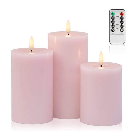 ANGELLOONG Pink Flameless Candles with Remote and Timer, Set of 3 Real Wax LED Pillar Candles Battery Operated Fake Candles for Pink Christmas Decor, Bedroom Bathroom