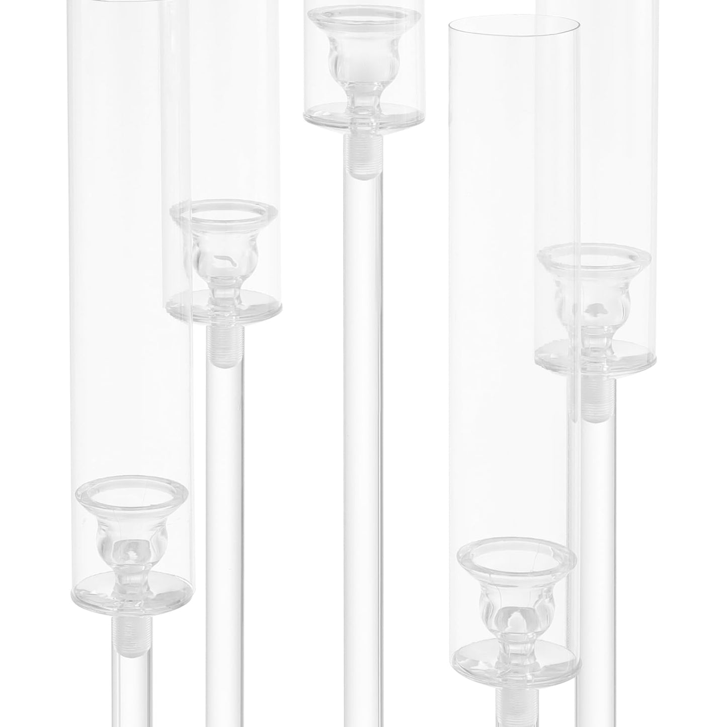 4Pcs 9 Arms Acrylic Candle Holder, Clear Candlestick Holder w/Acrylic Shade, 42.5In Tall Crystal Tapered Candle Holders Centerpieces w/Rectangular Base for Home Wedding Party (6Pcs 5Arms)