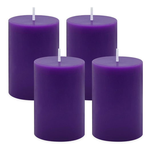 4 Packs 2x3 Inch Purple Pillar Candles, Unscented Small Dripless 24 Hours Solid Colored Column Cylinder Candles for Home Dinner Table Decoration