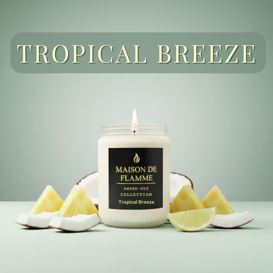 MAISON DE FLAMME Tropical Breeze Odor-Eliminating Scented Candle (White Jar, 200g/7oz) | Long-Lasting Premium Soy Wax Candle for Smoke, Kitchen & Pet Odors