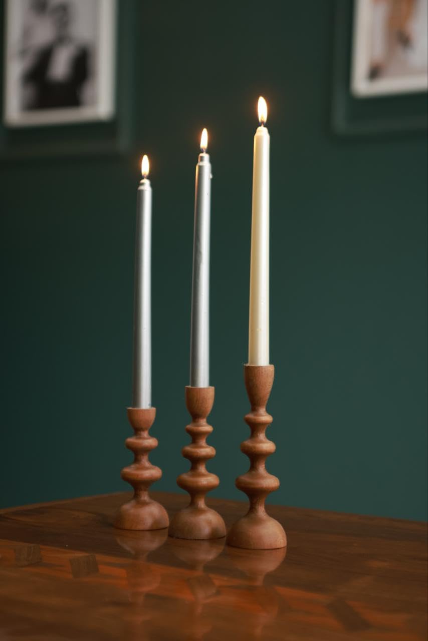 Wooden Candle Holders Set of 3 – Solid Wood Taper Candle Holders for Table Decor, Scandinavian Rustic Candle Stick Holders for Dining Table, Farmhouse Wooden Candlestick Holders