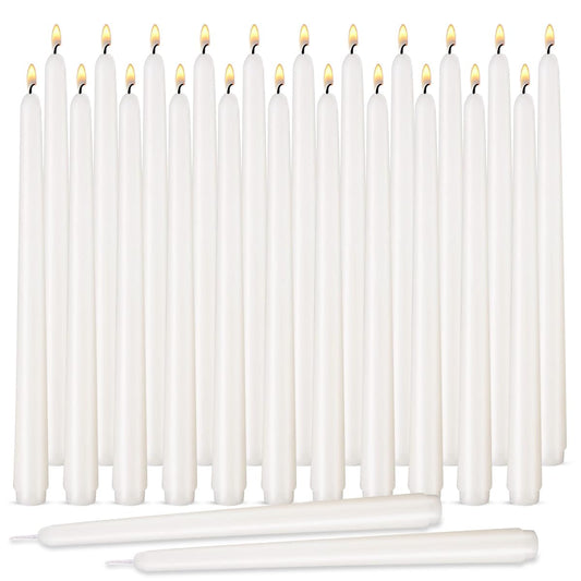 White Taper Candles, Set of 24 Unscented and Smokeless 10 Inch Taper Candles Long Burning, Paraffin Wax with Cotton Wicks for Burning Approxinately 7-8 Hours Time