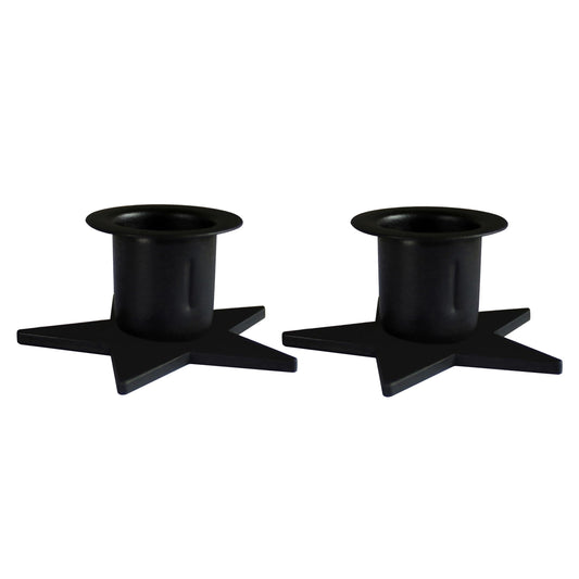 CVHOMEDECO. Primitive Iron Taper Candle Holders Vintage Black Candlestick Holders for Halloween Christmas Dining Room Home Decor. Set of 2, Star Base