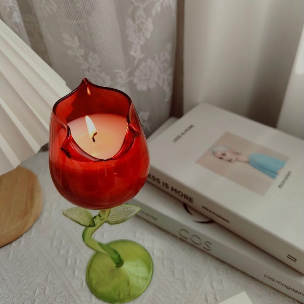 Red Rose Wine Glass Candle Holder Romantic Rose Flower Candle Holder Wedding Centerpiece Tealight Candle Chic Candle Displays(Black)