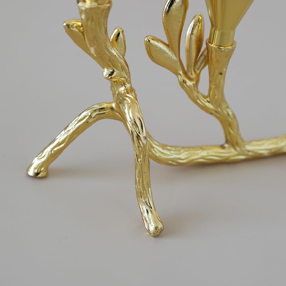 Elegant Gold Metal Tree Branch and Leaf-Inspired Dual Candle Holder Taper for Home Decor Tables top Tealight Wedding Centerpiece 5.12"x4.57" (Golden)