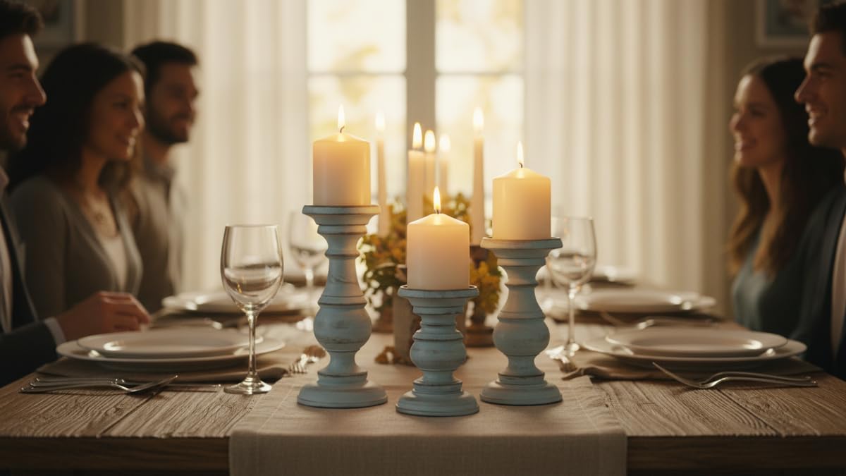 Decorative Light Blue Wood Turned Style Pillar Candle Holder with Distressed Finish, Set of 3 6", 8", 10" H, Light Blue